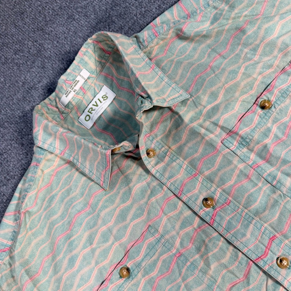 Orvis Mens XL Short Sleeve Cotton Button Down Shirt Teal Pink Wavy Print #4365